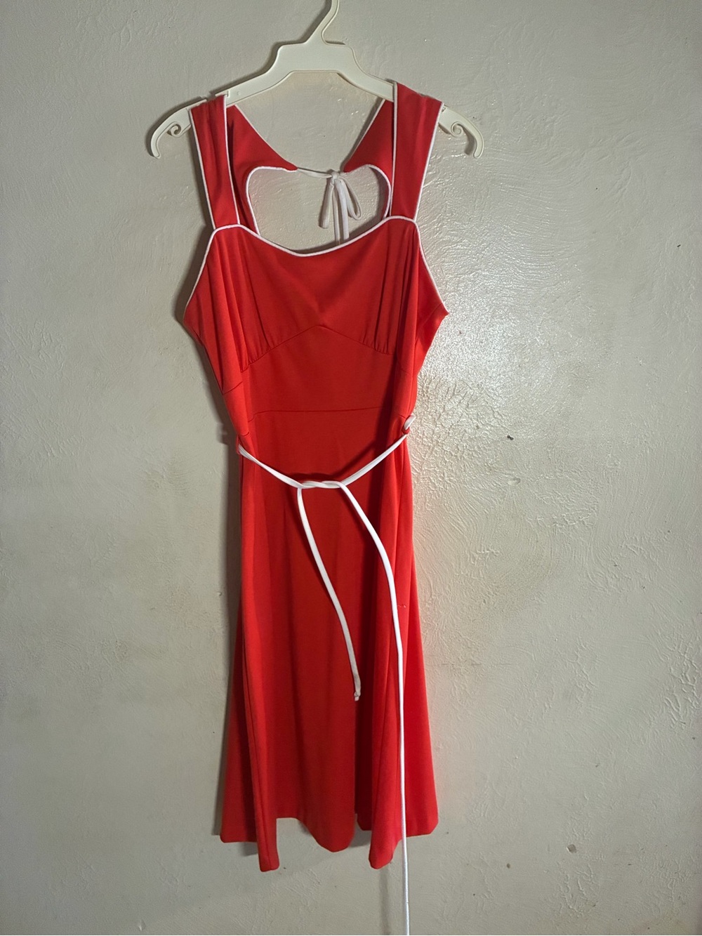Vintage TimelyTrends ,Red Sleeveless A-Line Dress,white trim,sweetheart keyhole
